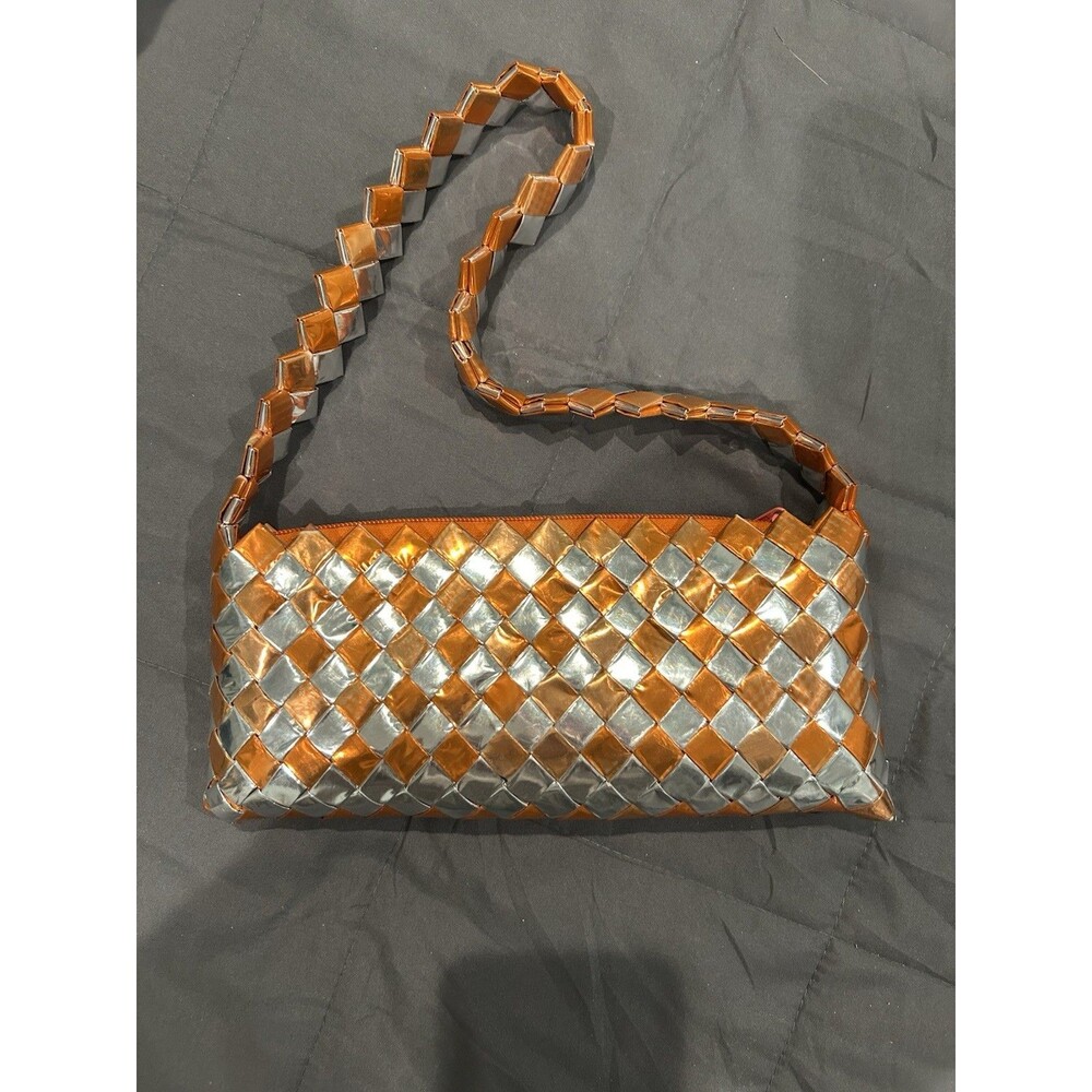 Orange And Silver Woven Metallic Purse, Zipper Closure, 10” W X 5” L